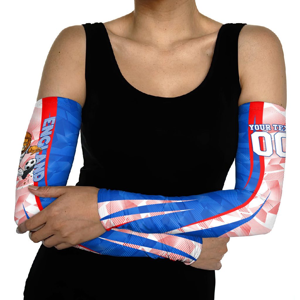Personalized England Football Arm Sleeves Powerful Lion Kicking Ball Red Blue Chevron Zigzag