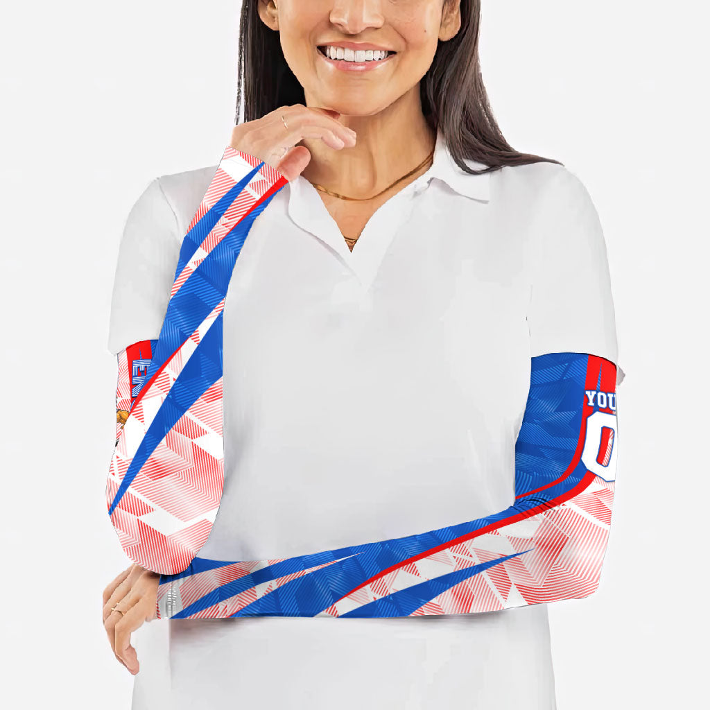 Personalized England Football Arm Sleeves Powerful Lion Kicking Ball Red Blue Chevron Zigzag