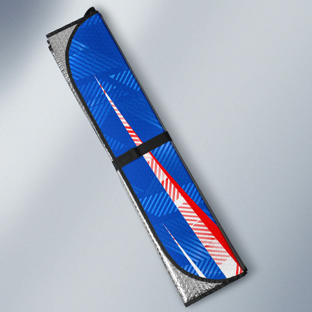 Personalized England Football Auto Sun Shade Powerful Lion Kicking Ball Red Blue Chevron Zigzag