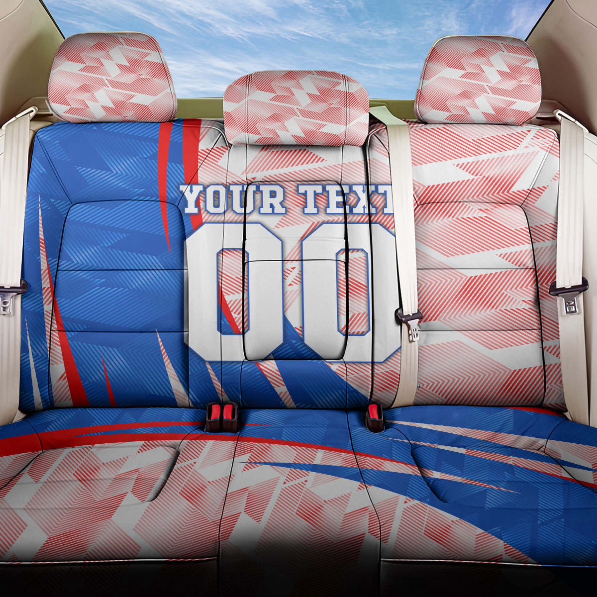 Personalized England Football Back Car Seat Cover Powerful Lion Kicking Ball Red Blue Chevron Zigzag
