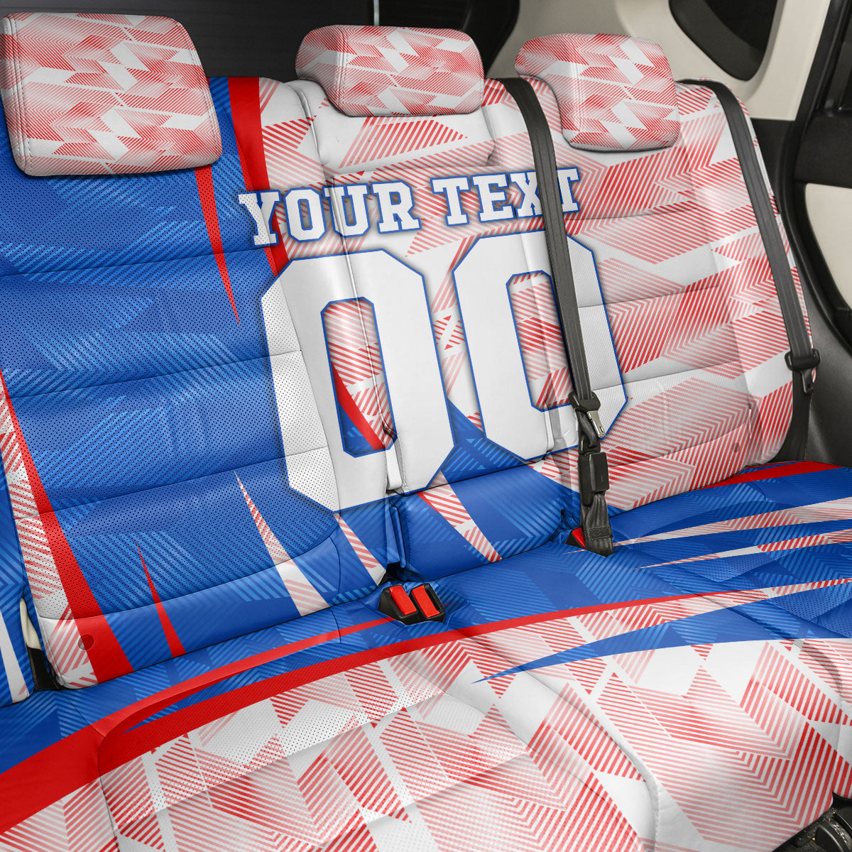 Personalized England Football Back Car Seat Cover Powerful Lion Kicking Ball Red Blue Chevron Zigzag