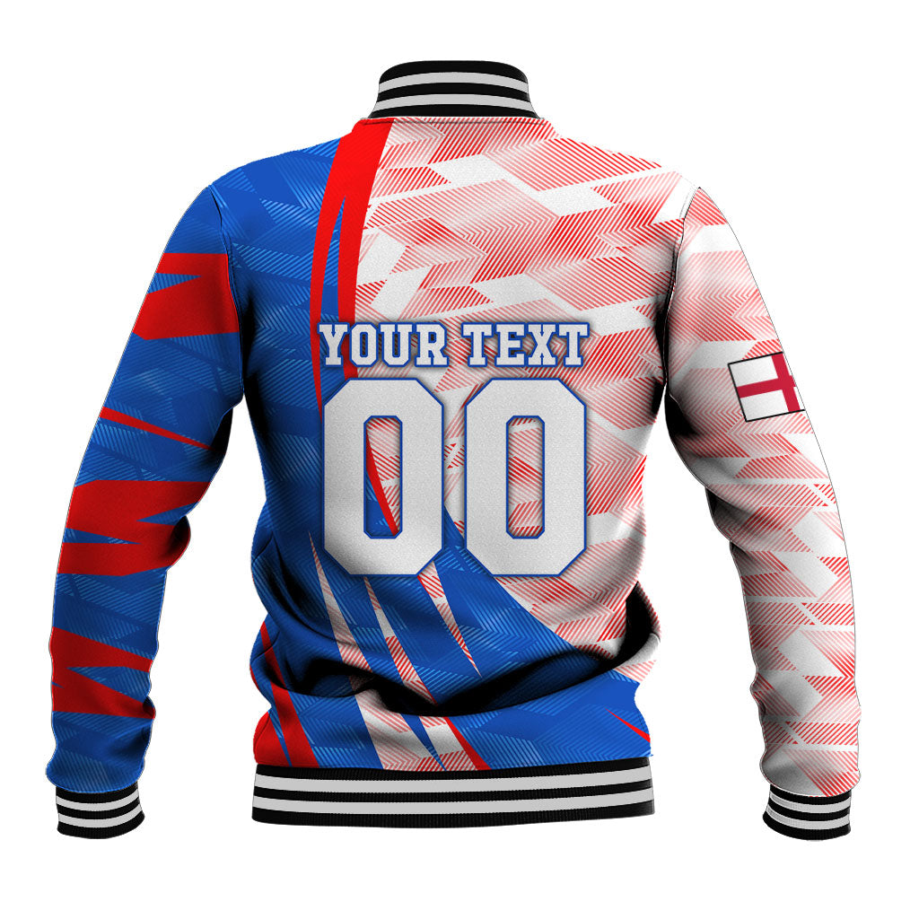 Personalized England Football Baseball Jacket Powerful Lion Kicking Ball Red Blue Chevron Zigzag