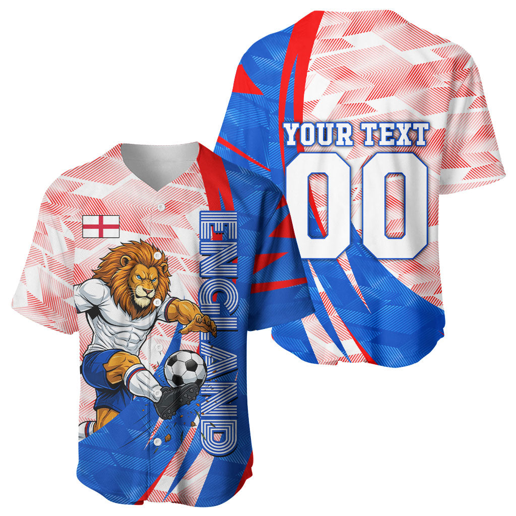 Personalized England Football Baseball Jersey Powerful Lion Kicking Ball Red Blue Chevron Zigzag