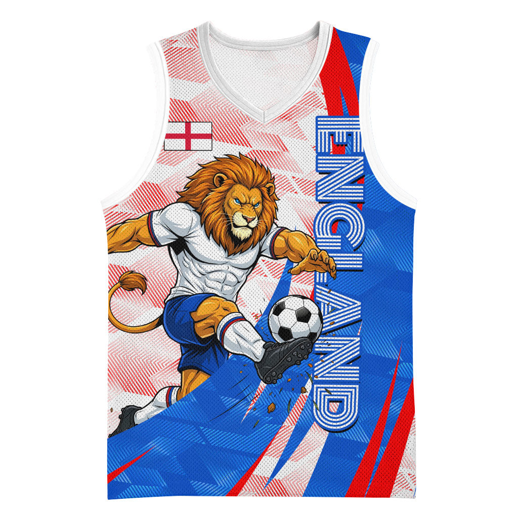 Personalized England Football Basketball Jersey Powerful Lion Kicking Ball Red Blue Chevron Zigzag