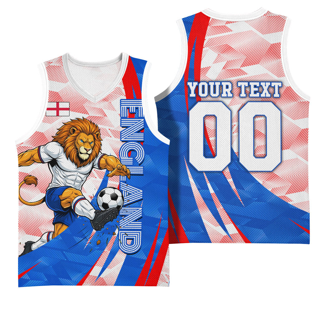 Personalized England Football Basketball Jersey Powerful Lion Kicking Ball Red Blue Chevron Zigzag