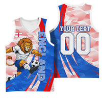 Personalized England Football Basketball Jersey Powerful Lion Kicking Ball Red Blue Chevron Zigzag