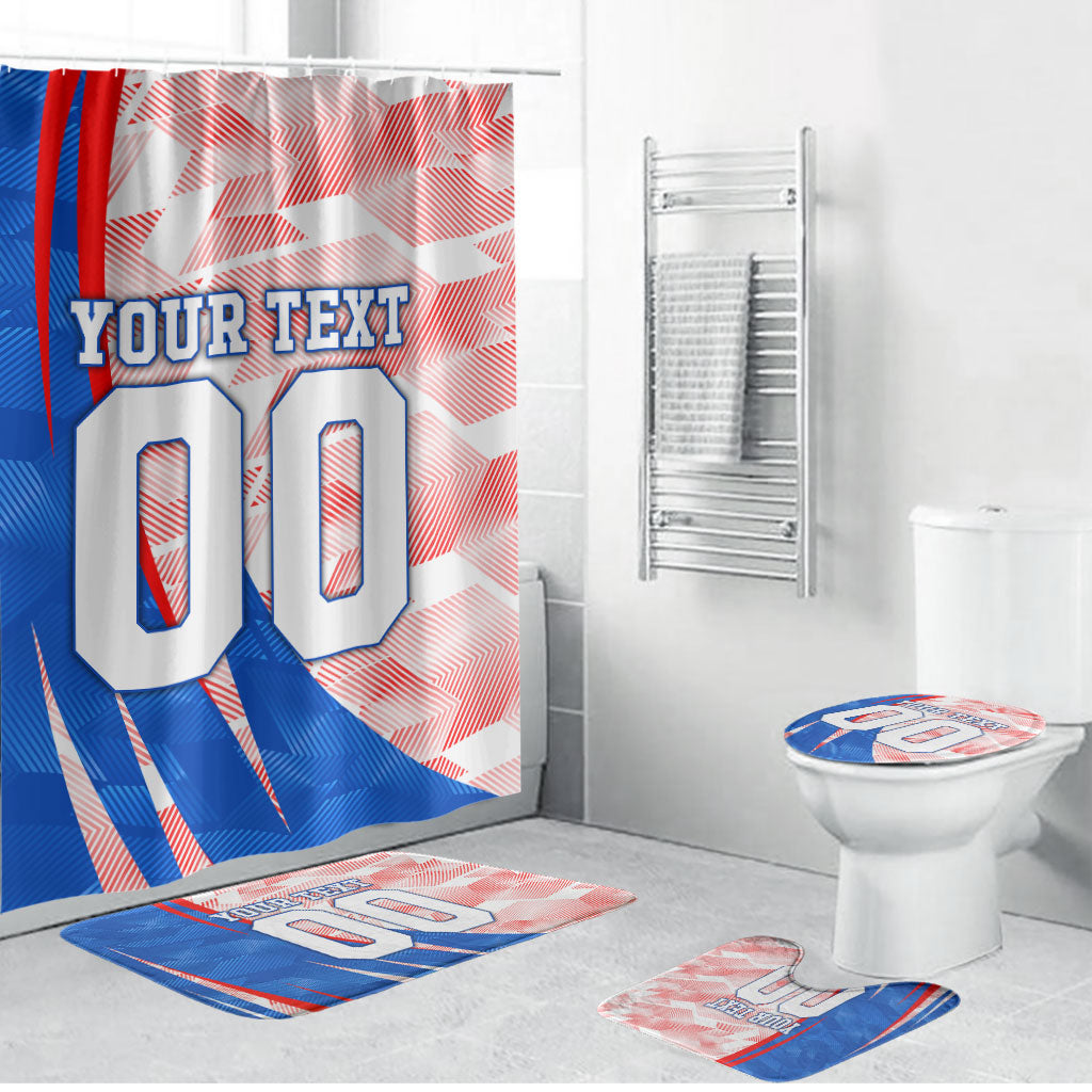 Personalized England Football Bathroom Set Powerful Lion Kicking Ball Red Blue Chevron Zigzag