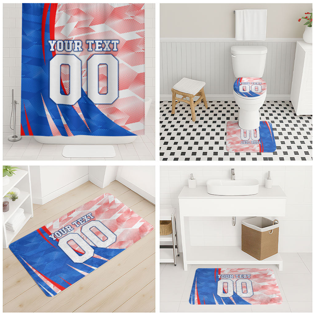 Personalized England Football Bathroom Set Powerful Lion Kicking Ball Red Blue Chevron Zigzag