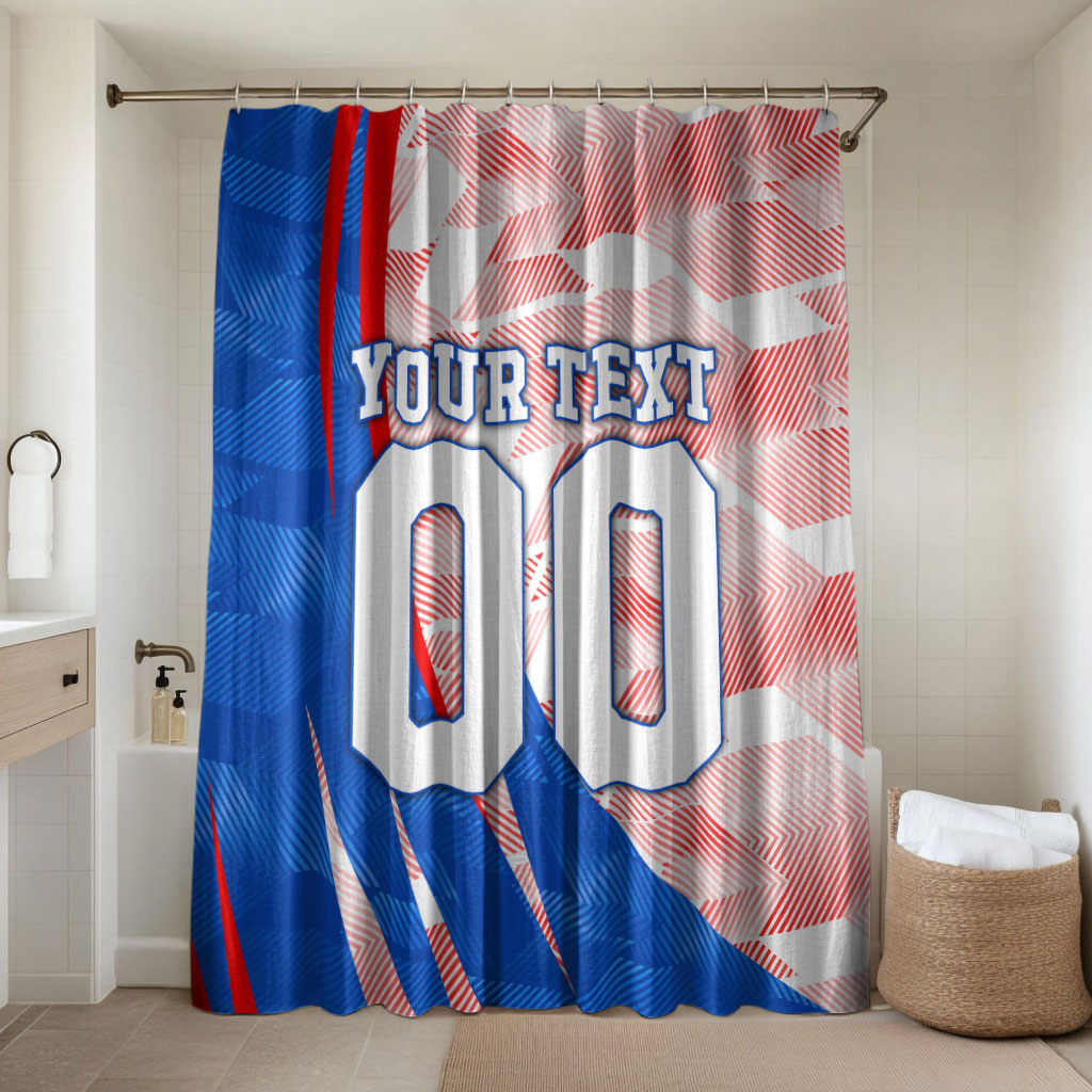 Personalized England Football Bathroom Set Powerful Lion Kicking Ball Red Blue Chevron Zigzag
