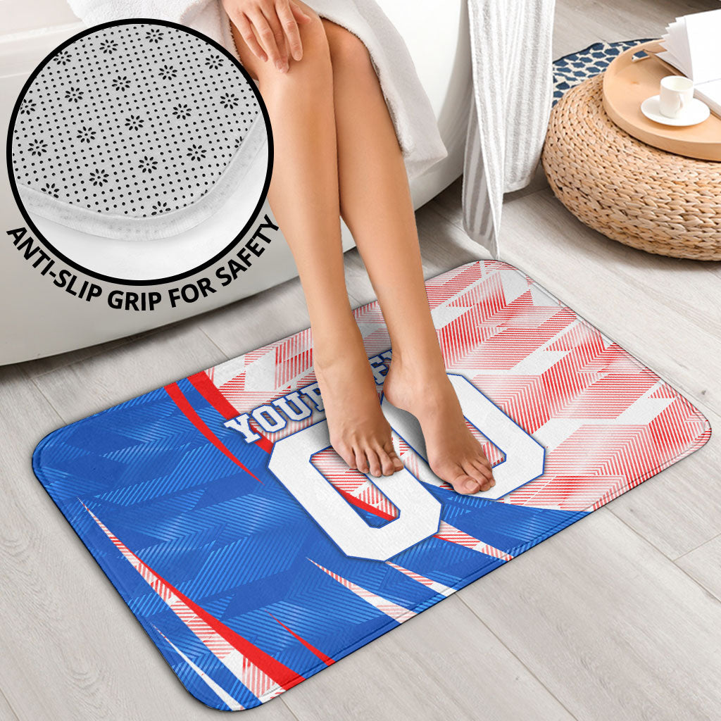 Personalized England Football Bathroom Set Powerful Lion Kicking Ball Red Blue Chevron Zigzag