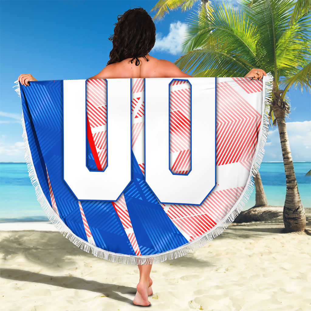 Personalized England Football Beach Blanket Powerful Lion Kicking Ball Red Blue Chevron Zigzag