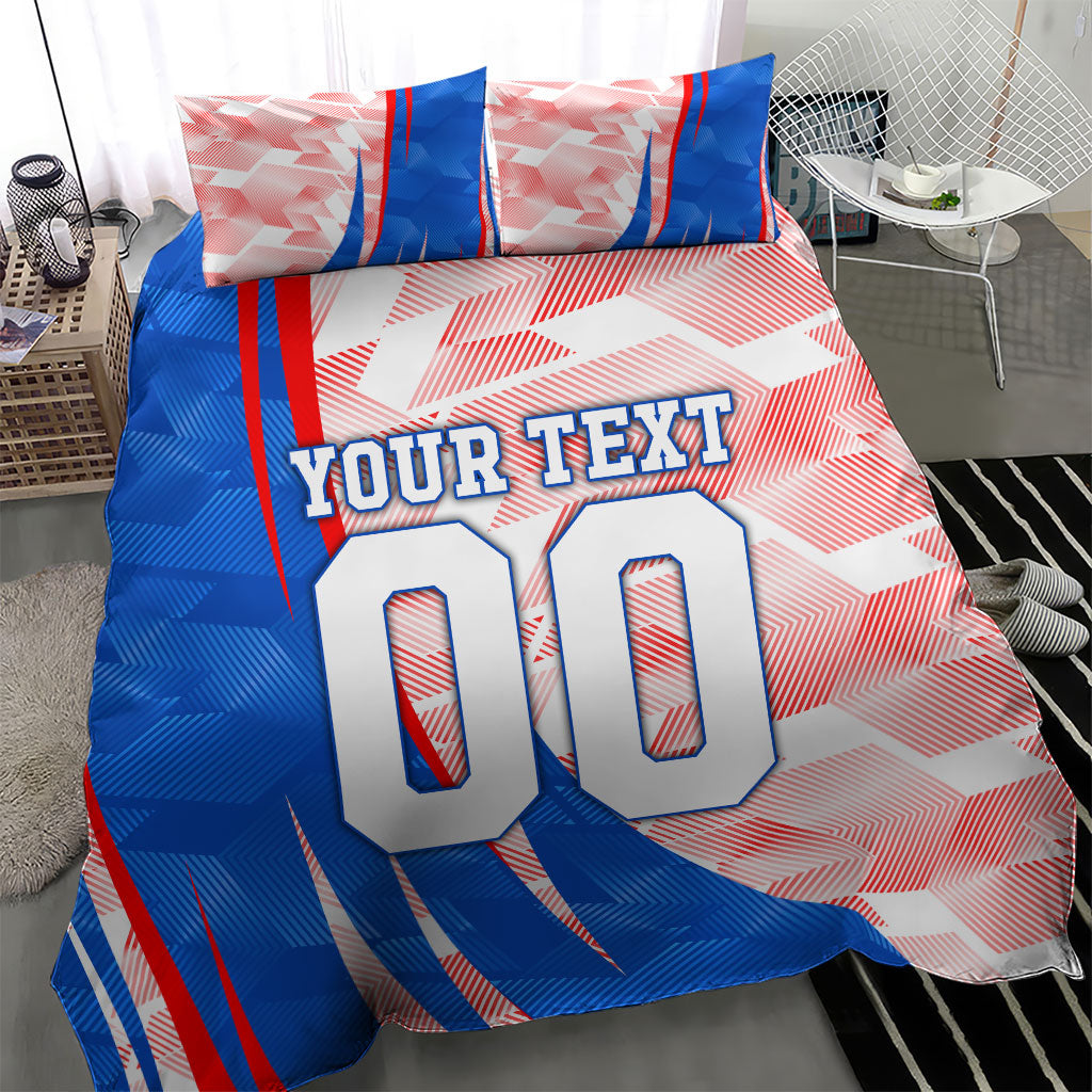 Personalized England Football Bedding Set Powerful Lion Kicking Ball Red Blue Chevron Zigzag