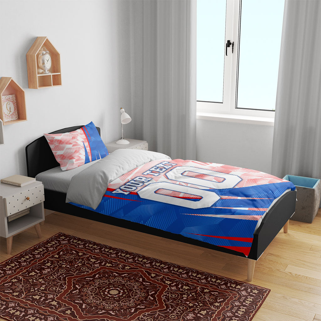Personalized England Football Bedding Set Powerful Lion Kicking Ball Red Blue Chevron Zigzag