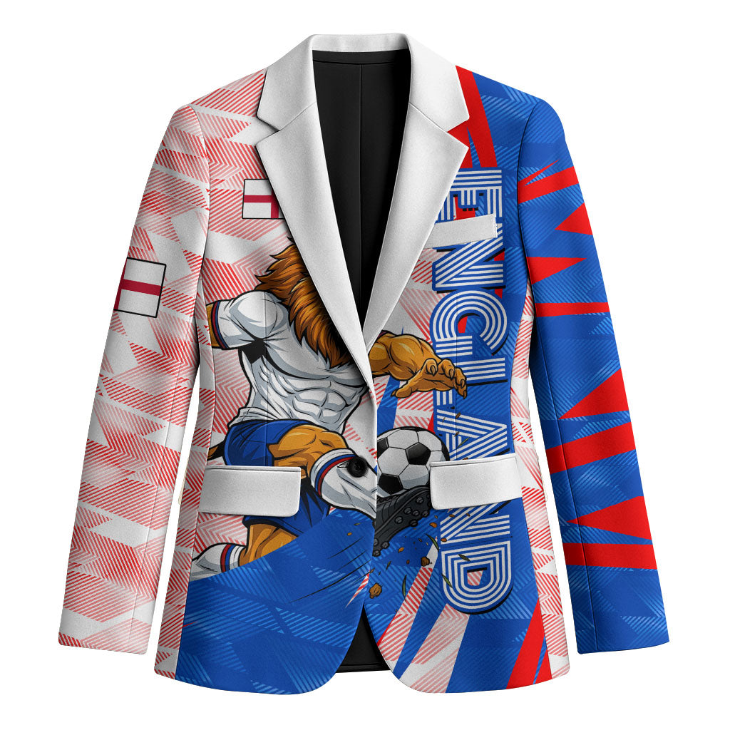 Personalized England Football Blazer Powerful Lion Kicking Ball Red Blue Chevron Zigzag