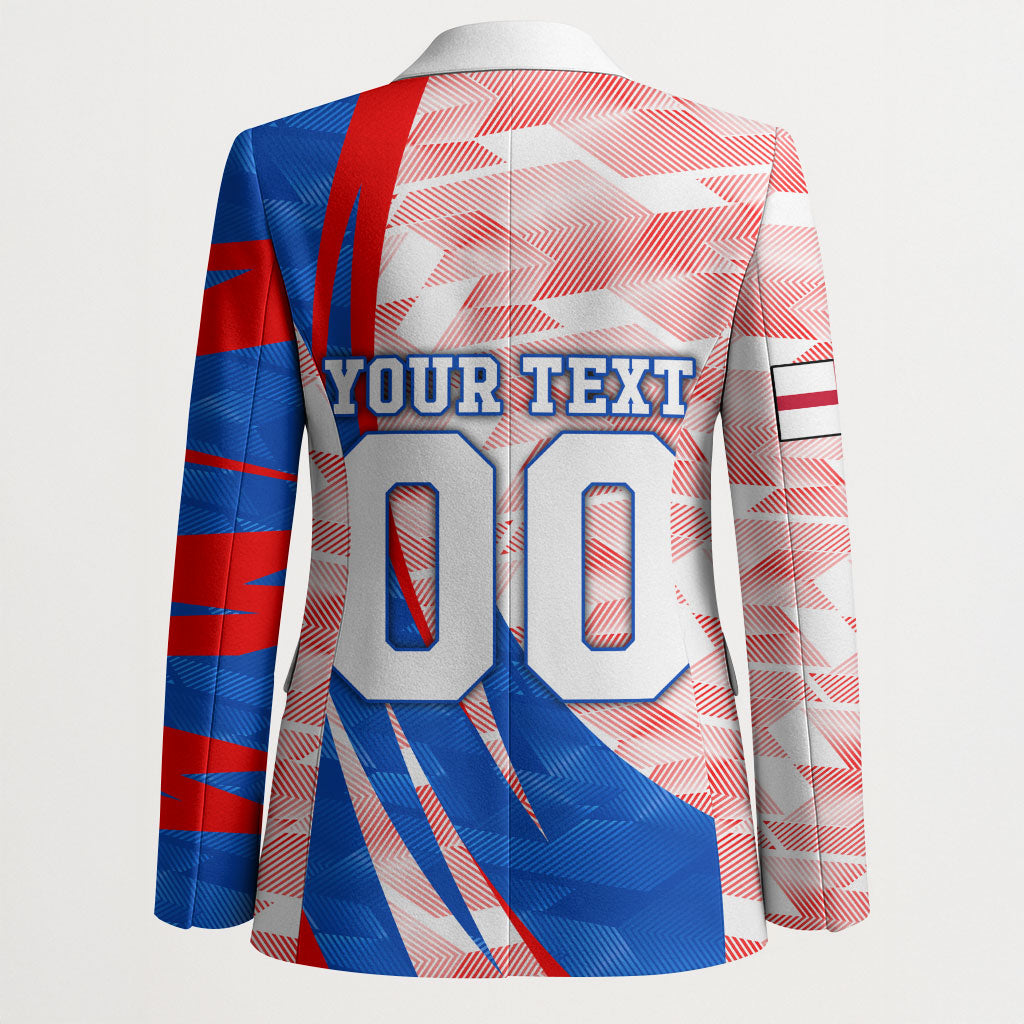 Personalized England Football Blazer Powerful Lion Kicking Ball Red Blue Chevron Zigzag