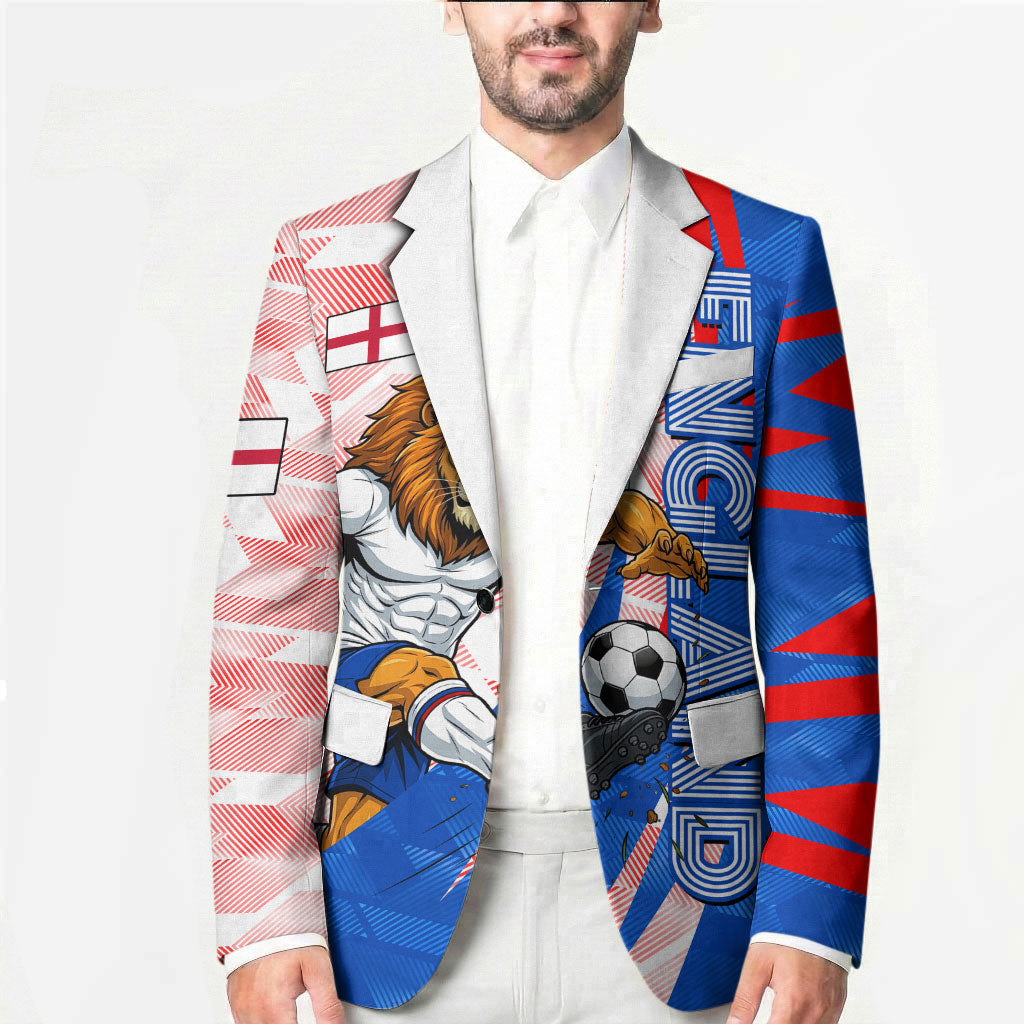 Personalized England Football Blazer Powerful Lion Kicking Ball Red Blue Chevron Zigzag