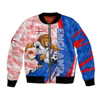 Personalized England Football Bomber Jacket Powerful Lion Kicking Ball Red Blue Chevron Zigzag