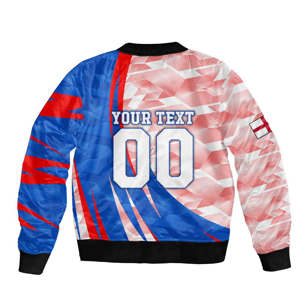 Personalized England Football Bomber Jacket Powerful Lion Kicking Ball Red Blue Chevron Zigzag