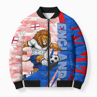 Personalized England Football Bomber Puffer Jacket Powerful Lion Kicking Ball Red Blue Chevron Zigzag