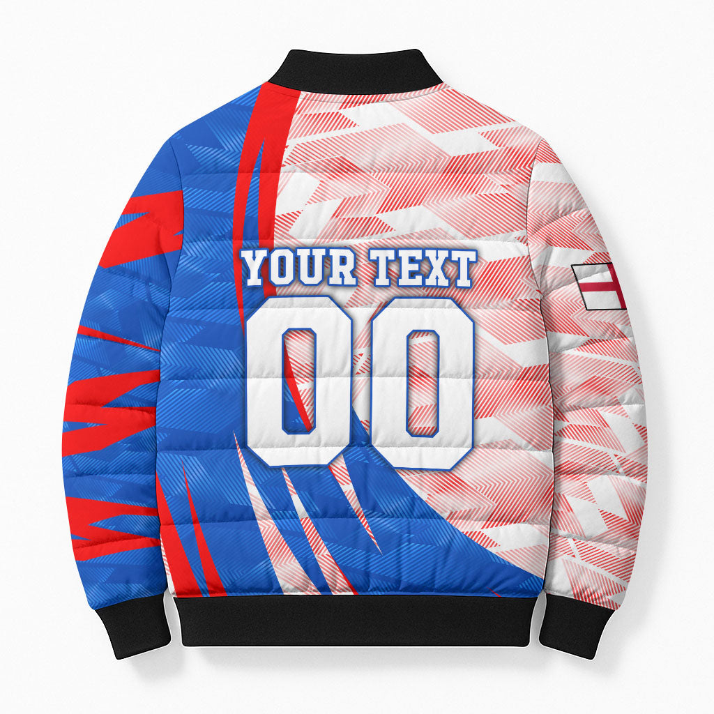 Personalized England Football Bomber Puffer Jacket Powerful Lion Kicking Ball Red Blue Chevron Zigzag
