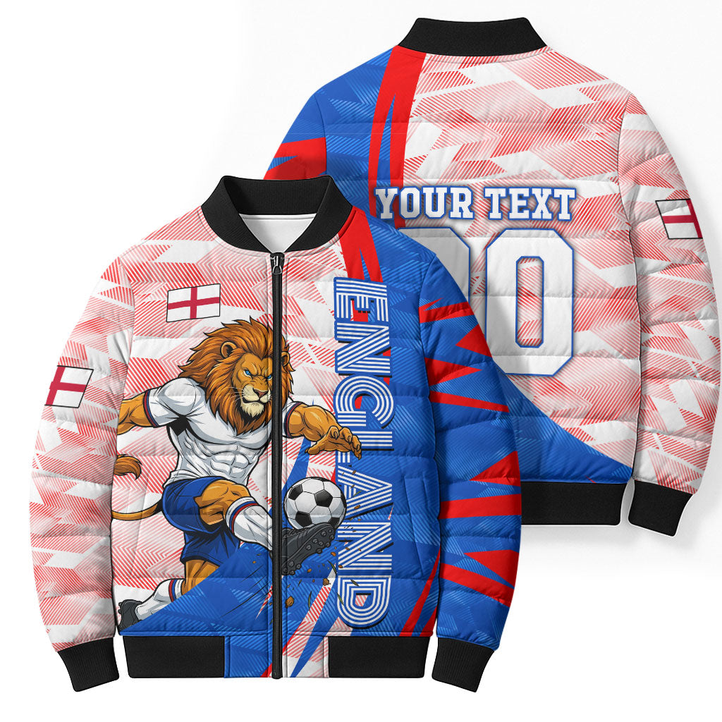 Personalized England Football Bomber Puffer Jacket Powerful Lion Kicking Ball Red Blue Chevron Zigzag