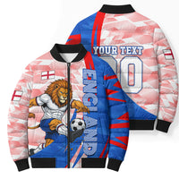 Personalized England Football Bomber Puffer Jacket Powerful Lion Kicking Ball Red Blue Chevron Zigzag