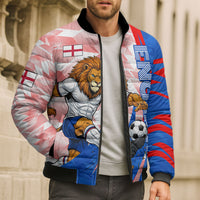 Personalized England Football Bomber Puffer Jacket Powerful Lion Kicking Ball Red Blue Chevron Zigzag