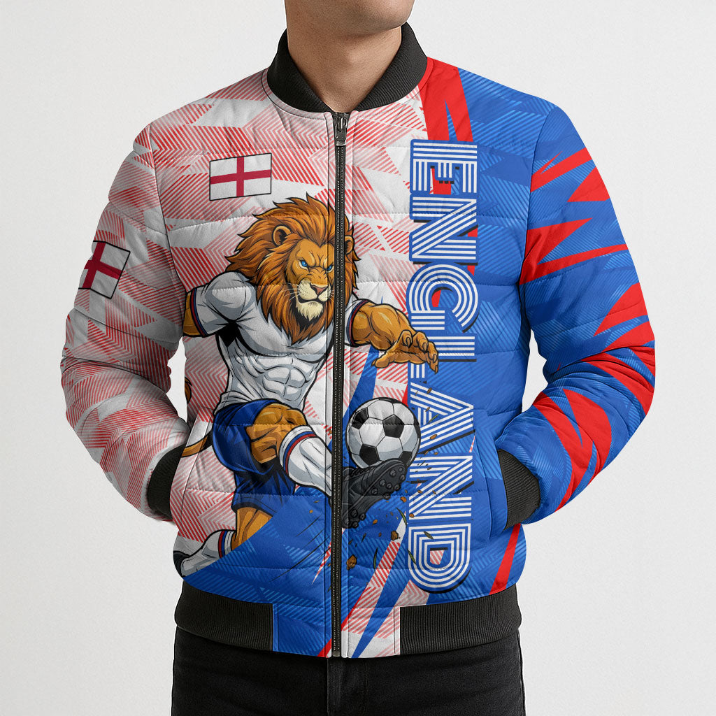 Personalized England Football Bomber Puffer Jacket Powerful Lion Kicking Ball Red Blue Chevron Zigzag
