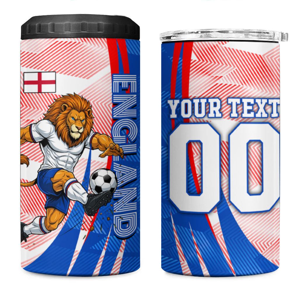 Personalized England Football 4 in 1 Can Cooler Tumbler Powerful Lion Kicking Ball Red Blue Chevron Zigzag