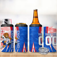 Personalized England Football 4 in 1 Can Cooler Tumbler Powerful Lion Kicking Ball Red Blue Chevron Zigzag