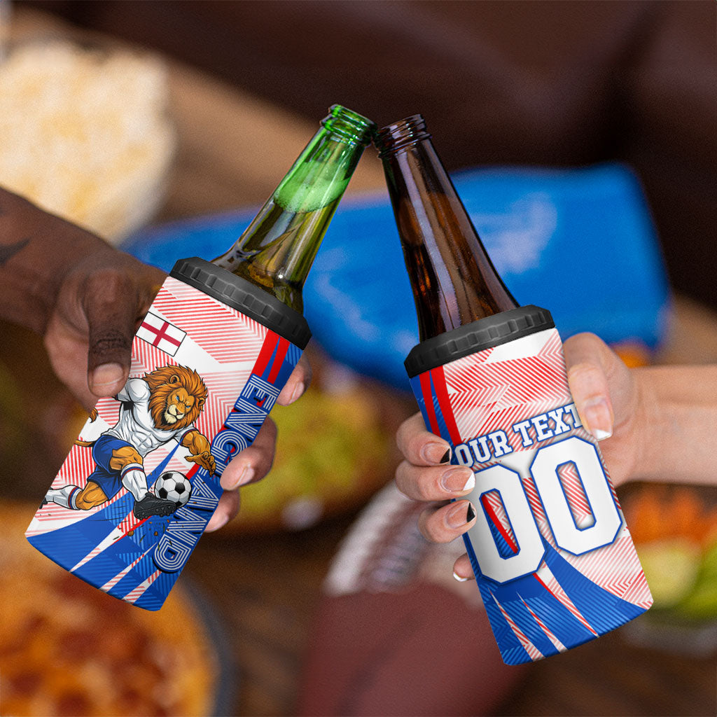 Personalized England Football 4 in 1 Can Cooler Tumbler Powerful Lion Kicking Ball Red Blue Chevron Zigzag