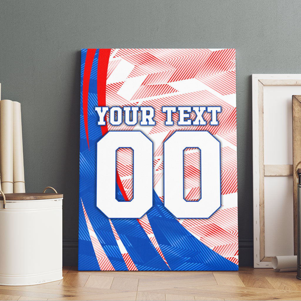 Personalized England Football Canvas Wall Art Powerful Lion Kicking Ball Red Blue Chevron Zigzag