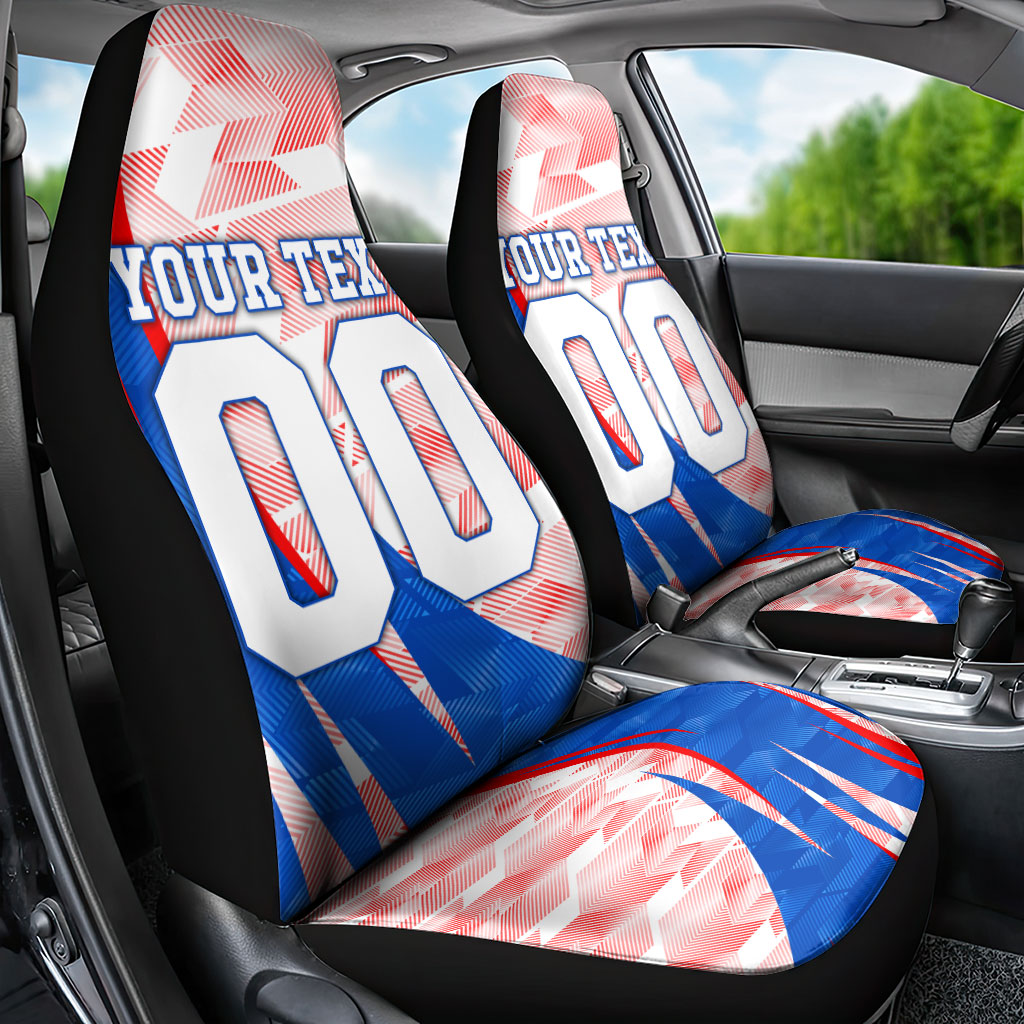 Personalized England Football Car Seat Cover Powerful Lion Kicking Ball Red Blue Chevron Zigzag