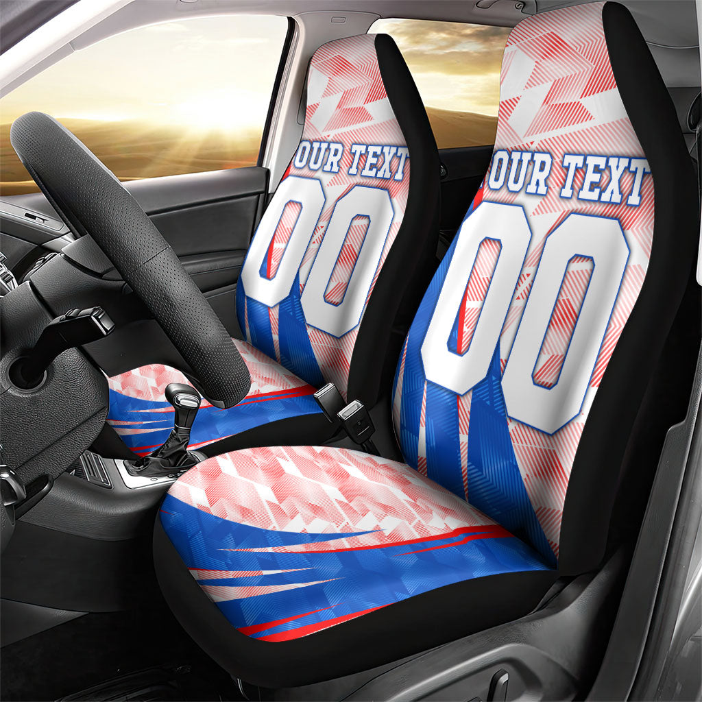 Personalized England Football Car Seat Cover Powerful Lion Kicking Ball Red Blue Chevron Zigzag