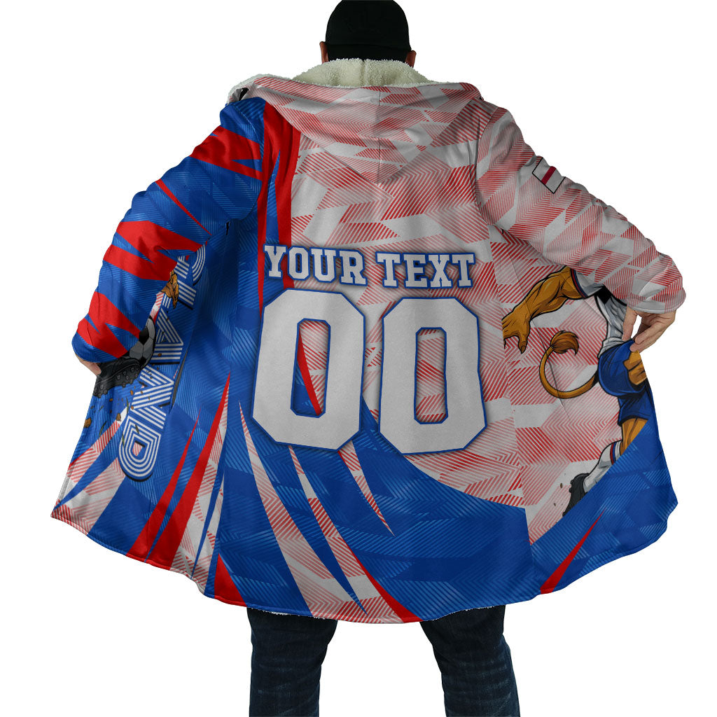 Personalized England Football Cloak Powerful Lion Kicking Ball Red Blue Chevron Zigzag