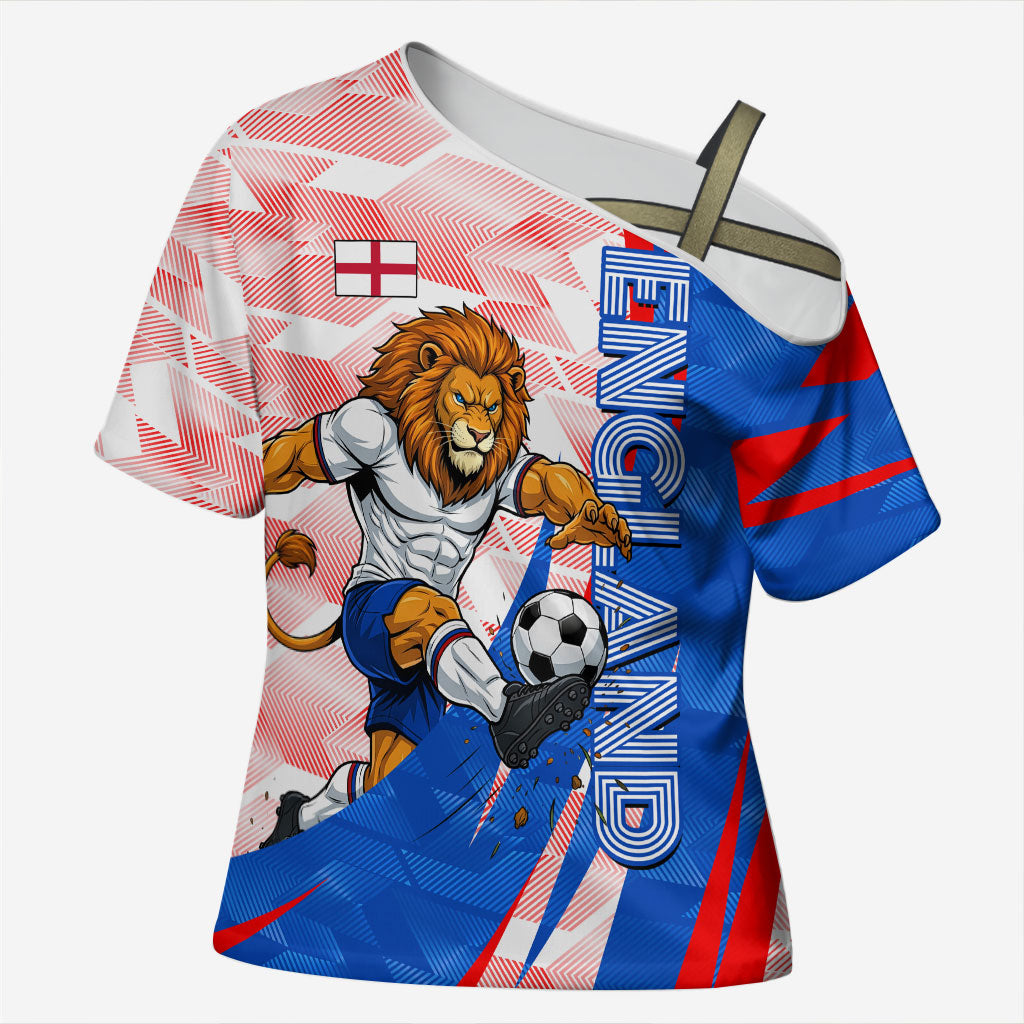 Personalized England Football Cross Shoulder Shirt Powerful Lion Kicking Ball Red Blue Chevron Zigzag