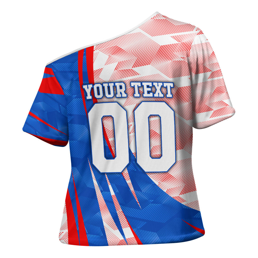 Personalized England Football Cross Shoulder Shirt Powerful Lion Kicking Ball Red Blue Chevron Zigzag