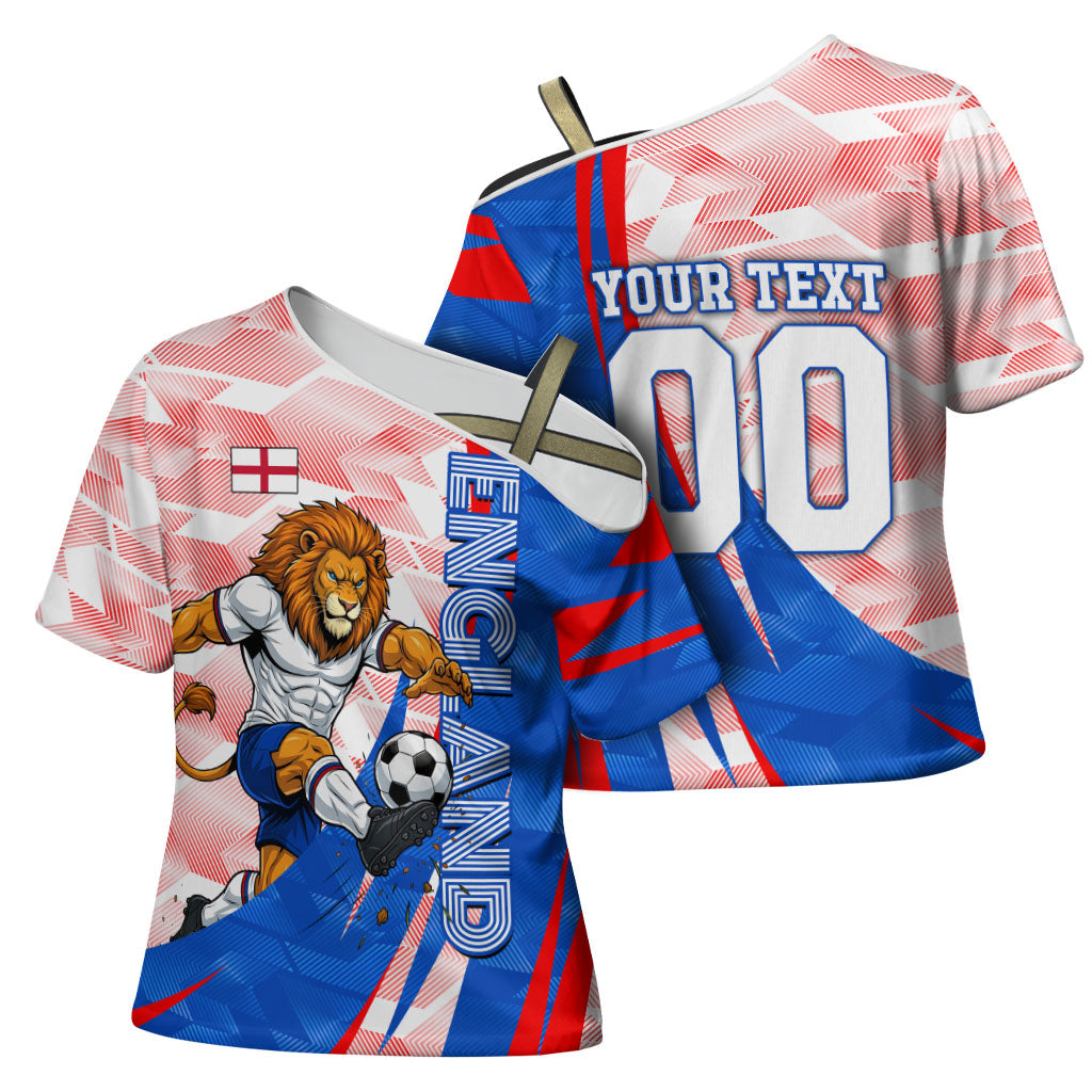 Personalized England Football Cross Shoulder Shirt Powerful Lion Kicking Ball Red Blue Chevron Zigzag