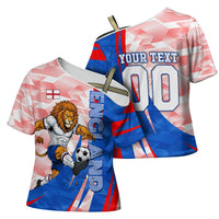 Personalized England Football Cross Shoulder Shirt Powerful Lion Kicking Ball Red Blue Chevron Zigzag