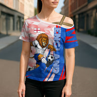 Personalized England Football Cross Shoulder Shirt Powerful Lion Kicking Ball Red Blue Chevron Zigzag