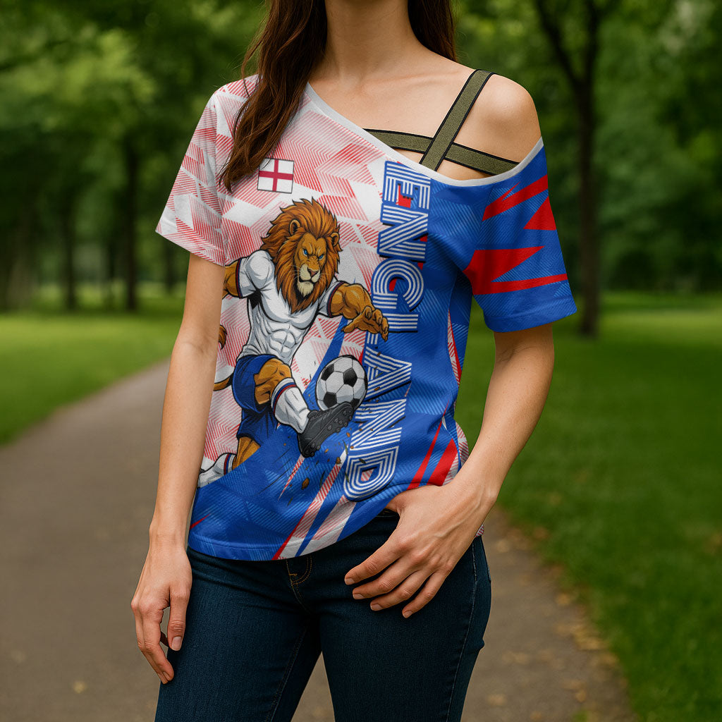 Personalized England Football Cross Shoulder Shirt Powerful Lion Kicking Ball Red Blue Chevron Zigzag