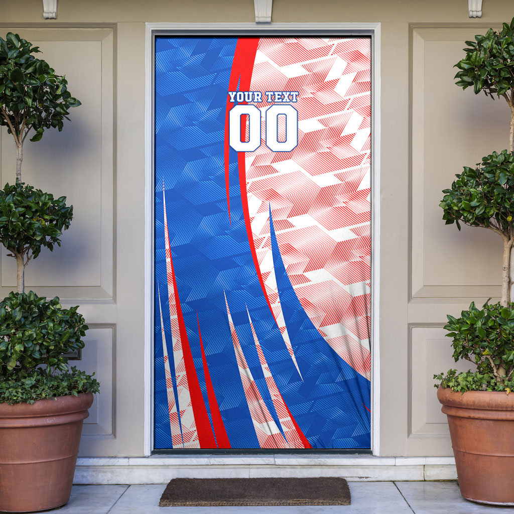 Personalized England Football Door Cover Powerful Lion Kicking Ball Red Blue Chevron Zigzag