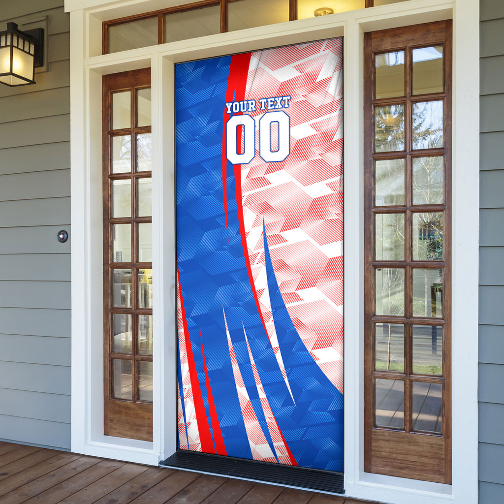 Personalized England Football Door Cover Powerful Lion Kicking Ball Red Blue Chevron Zigzag