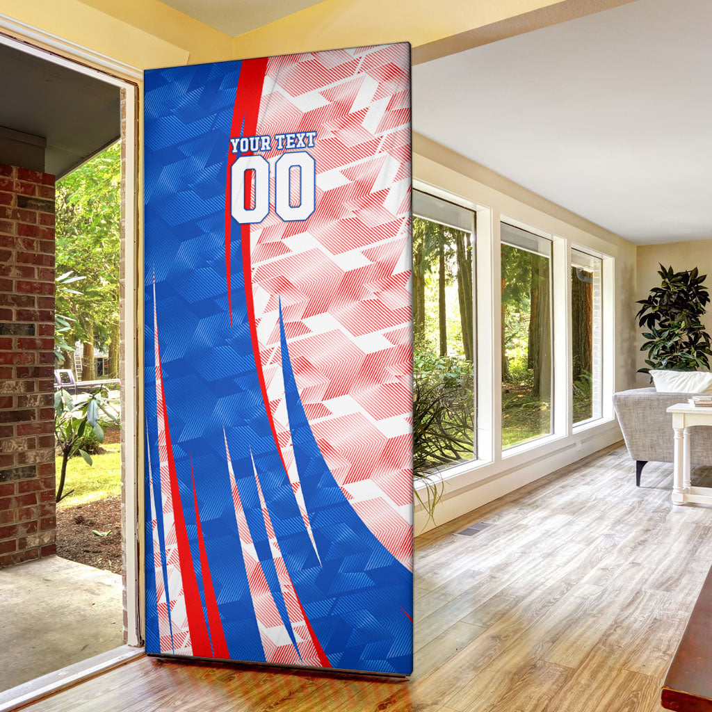 Personalized England Football Door Cover Powerful Lion Kicking Ball Red Blue Chevron Zigzag