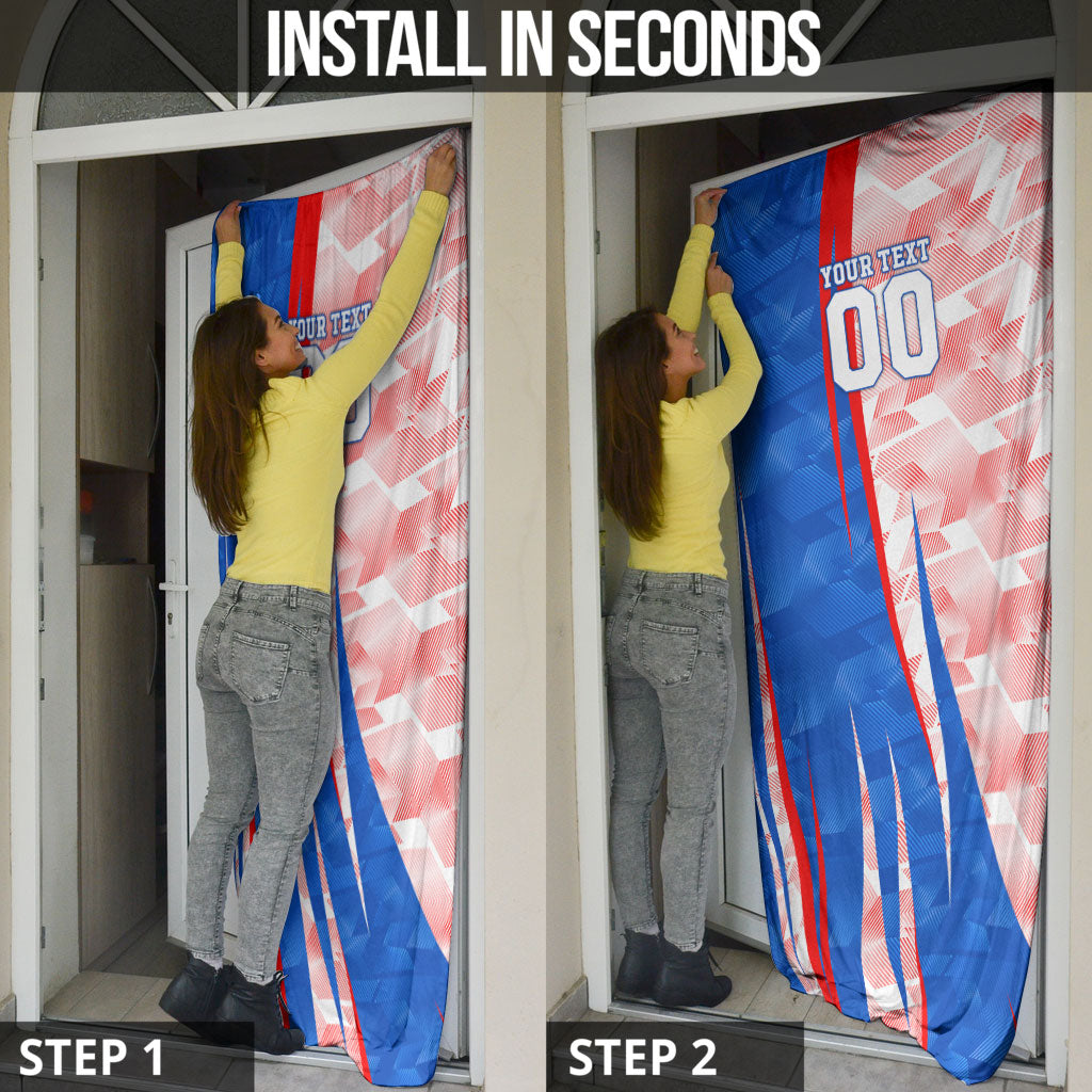 Personalized England Football Door Cover Powerful Lion Kicking Ball Red Blue Chevron Zigzag