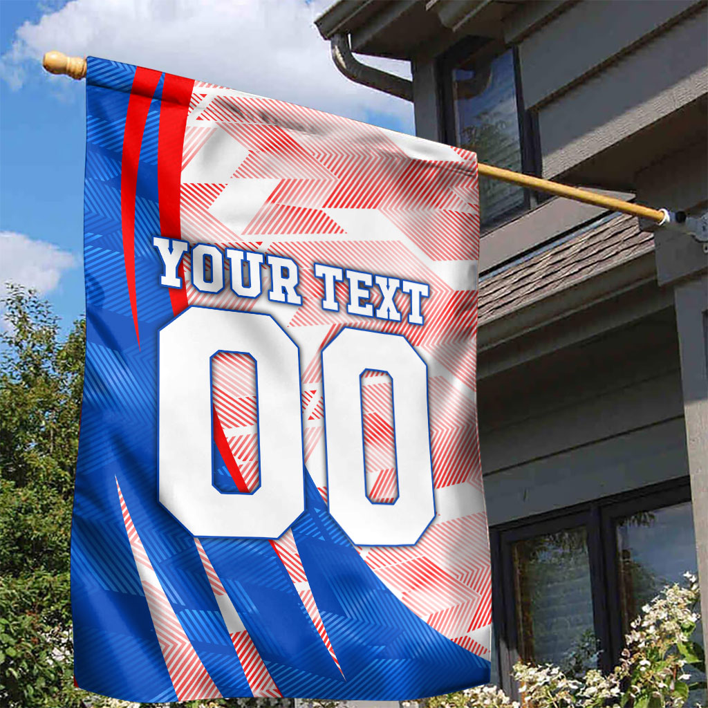 Personalized England Football Garden Flag Powerful Lion Kicking Ball Red Blue Chevron Zigzag
