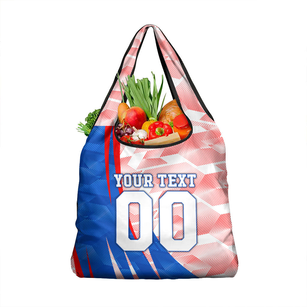 Personalized England Football Grocery Bag Powerful Lion Kicking Ball Red Blue Chevron Zigzag