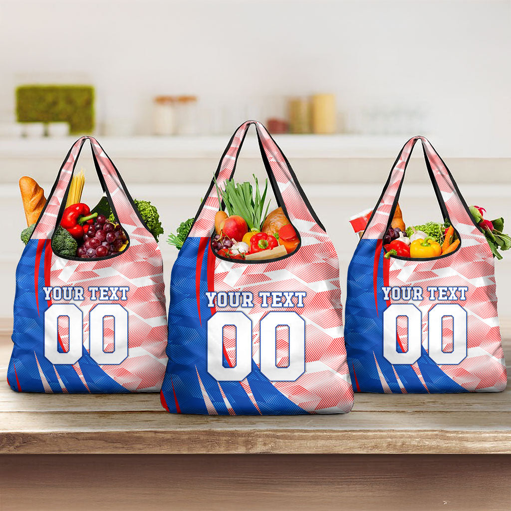 Personalized England Football Grocery Bag Powerful Lion Kicking Ball Red Blue Chevron Zigzag