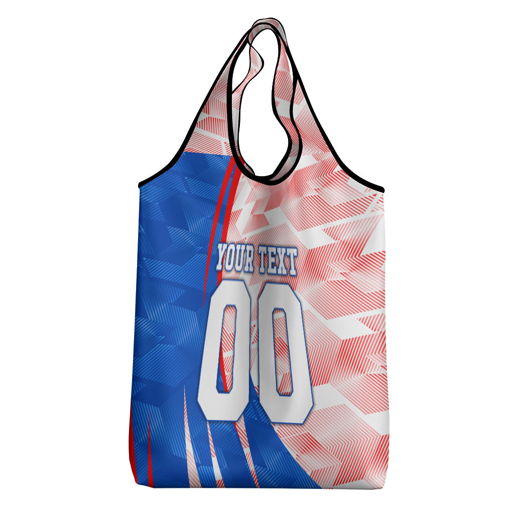 Personalized England Football Grocery Bag Powerful Lion Kicking Ball Red Blue Chevron Zigzag