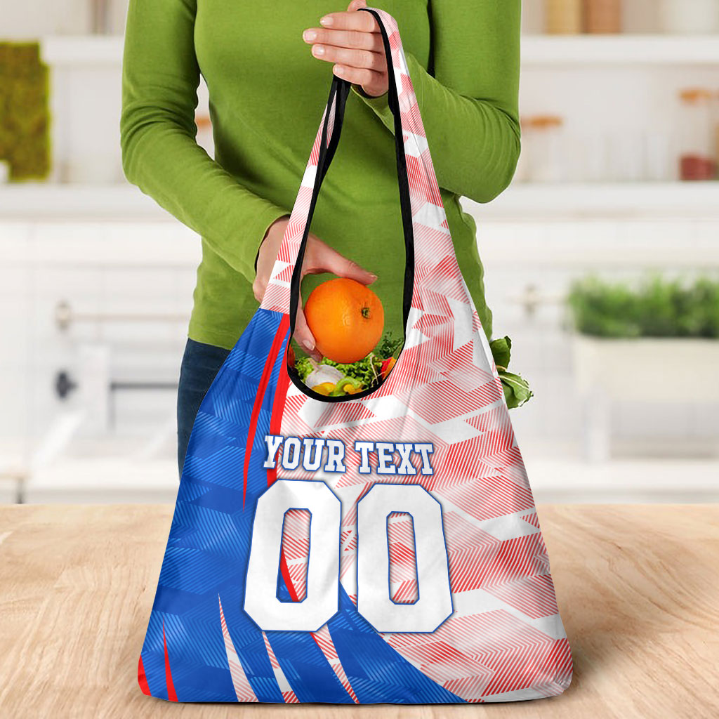 Personalized England Football Grocery Bag Powerful Lion Kicking Ball Red Blue Chevron Zigzag